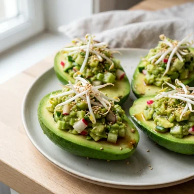 A top-down view of several stuffed avocados garnished with fresh sprouts and seeds.