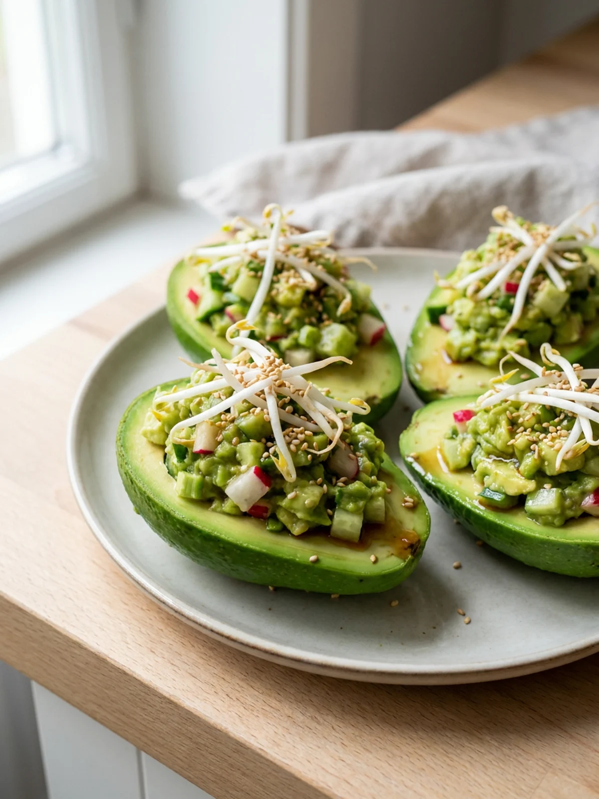 A top-down view of several stuffed avocados garnished with fresh sprouts and seeds.
