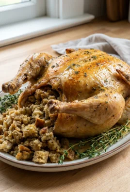 A carved roast chicken on a platter with stuffing served on the side.