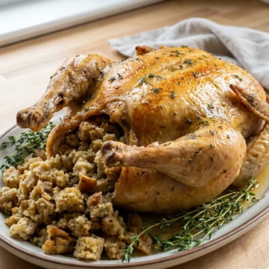 A carved roast chicken on a platter with stuffing served on the side.