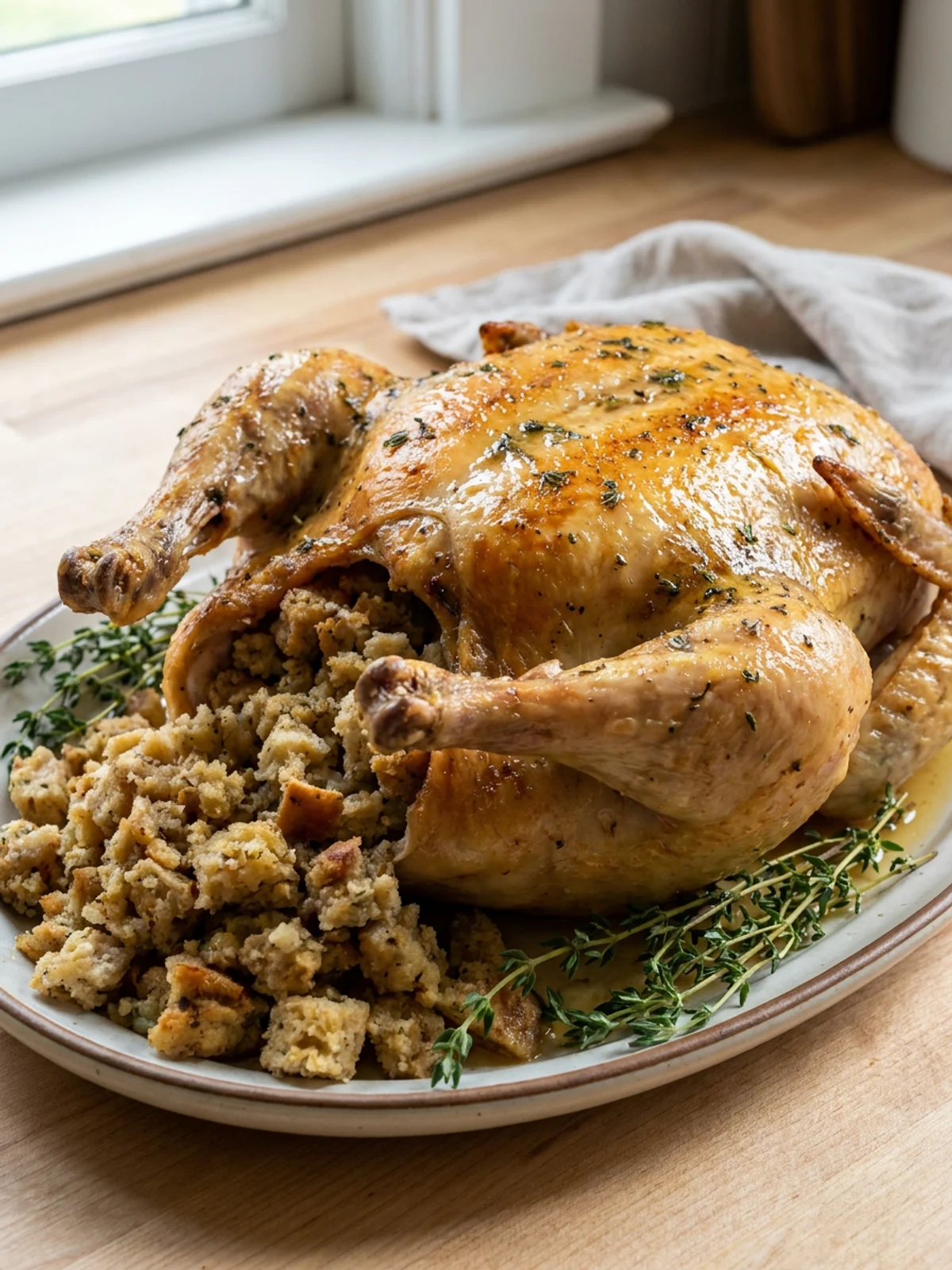 A carved roast chicken on a platter with stuffing served on the side.