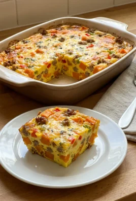 A close-up of the casserole's texture, showing egg, sweet potato, and sausage.