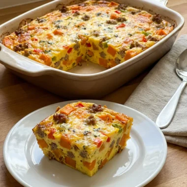 A close-up of the casserole's texture, showing egg, sweet potato, and sausage.