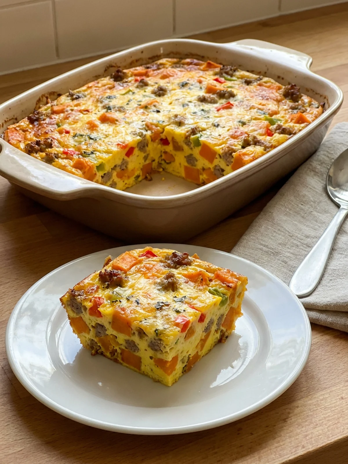 A close-up of the casserole's texture, showing egg, sweet potato, and sausage.