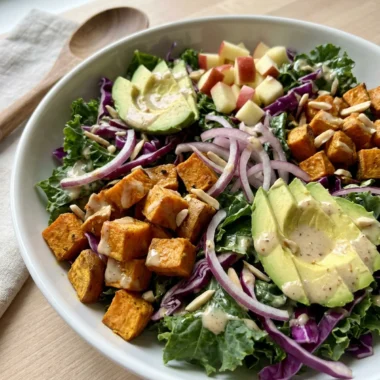 A close-up of the sweet potato kale salad showing the creamy almond dressing and toppings.