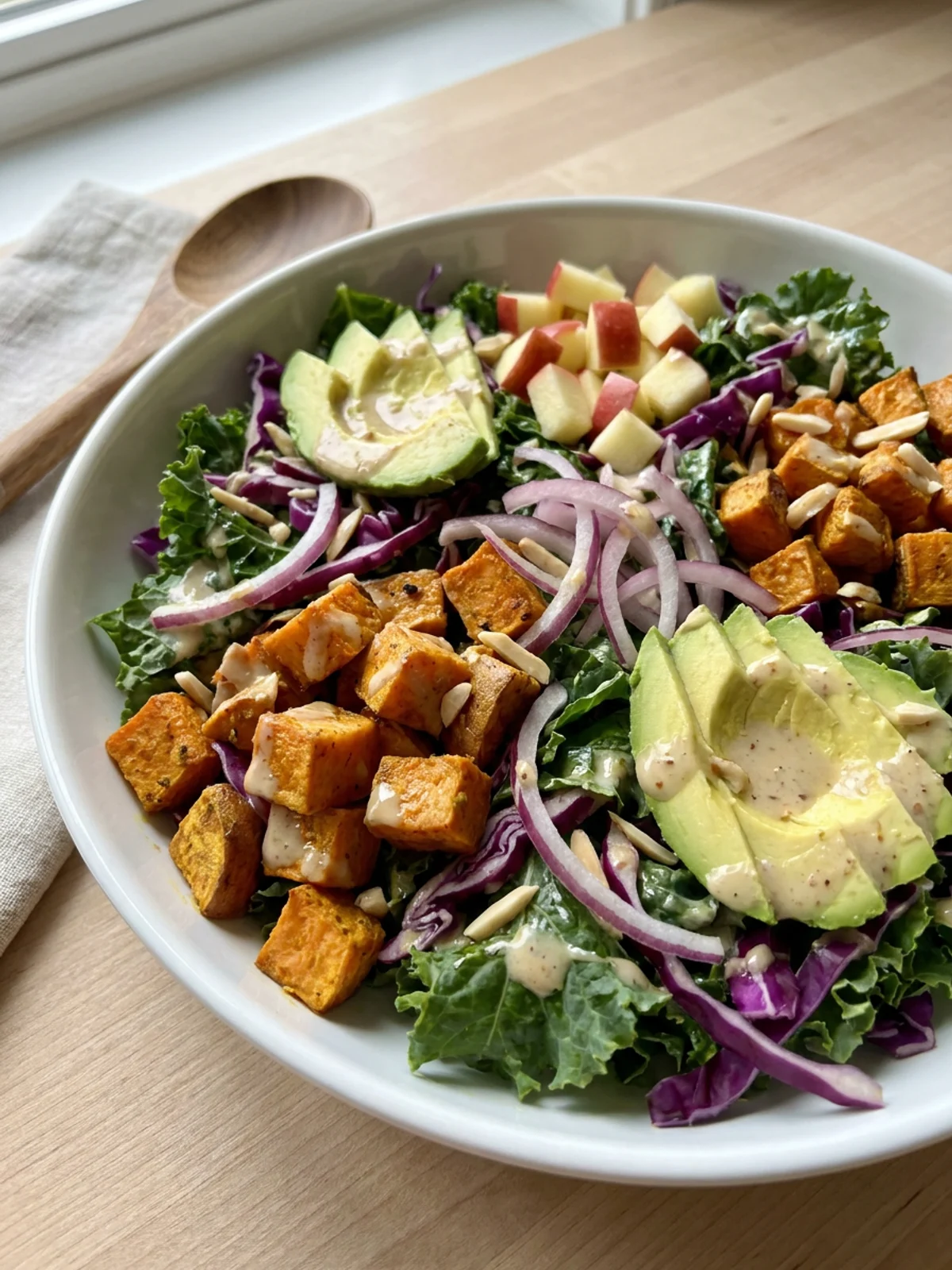 A close-up of the sweet potato kale salad showing the creamy almond dressing and toppings.