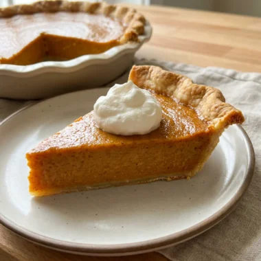 A slice of golden-orange sweet potato pie on a white dessert plate.