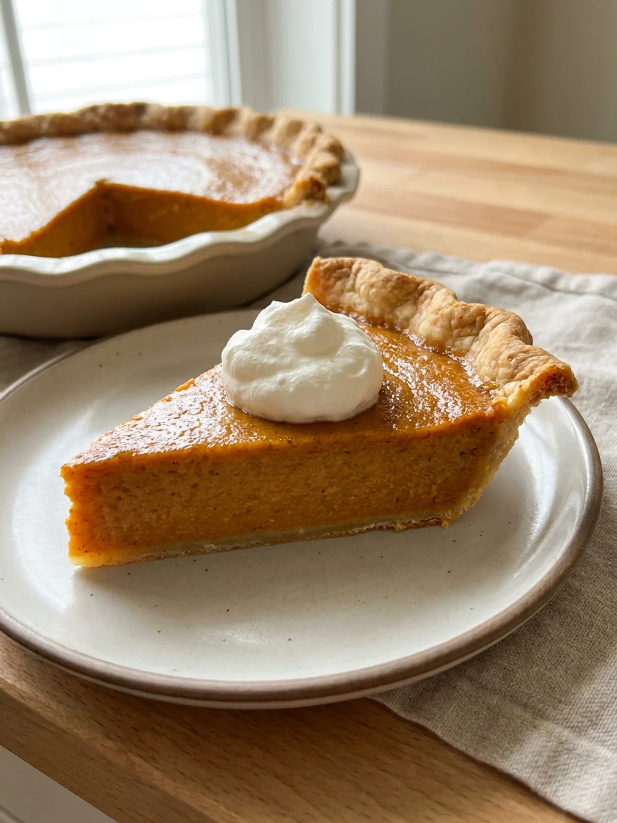A slice of golden-orange sweet potato pie on a white dessert plate.