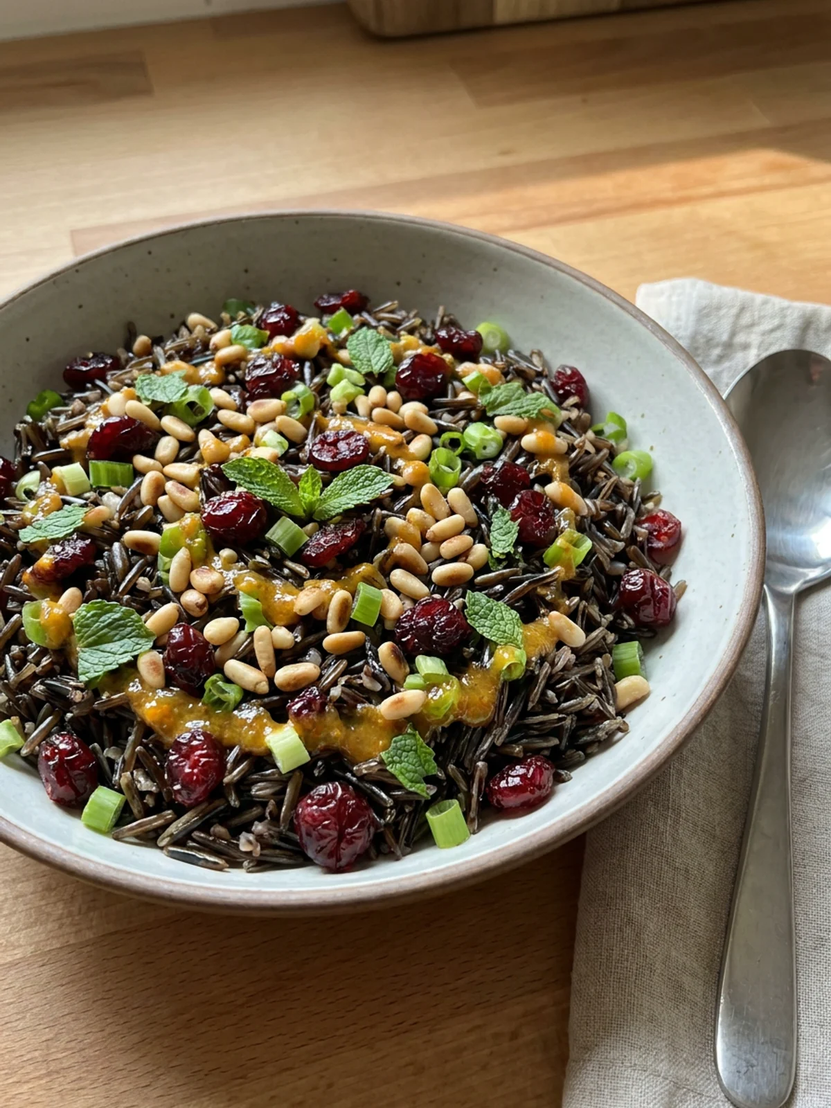 A spoonful of wild rice salad with orange vinaigrette being lifted from a serving bowl.