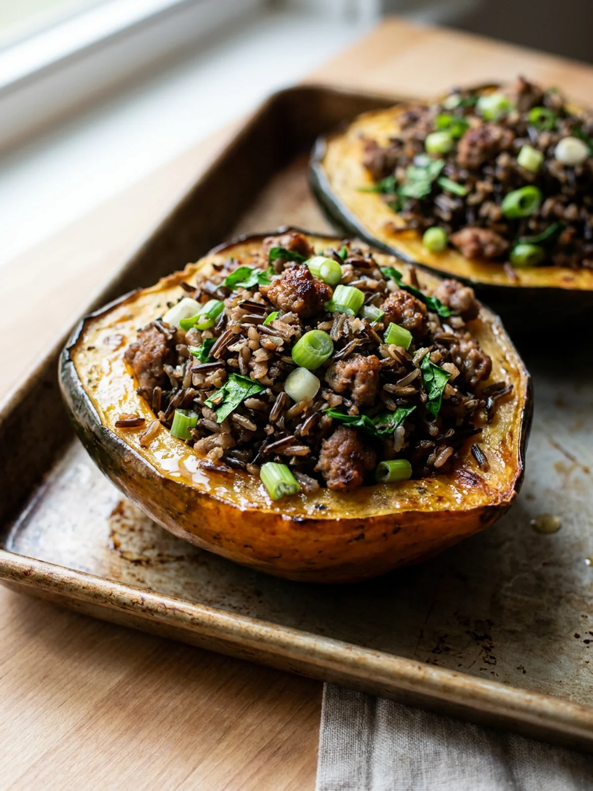 A close-up of a baked acorn squash half filled with sausage and wild rice.