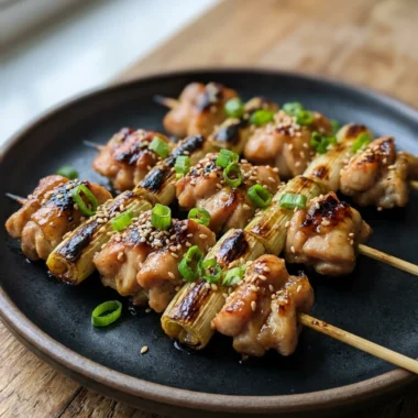 A close-up of grilled yakitori chicken skewers on a simple serving platter.
