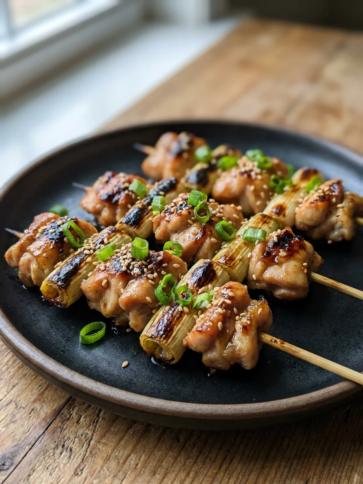 A close-up of grilled yakitori chicken skewers on a simple serving platter.
